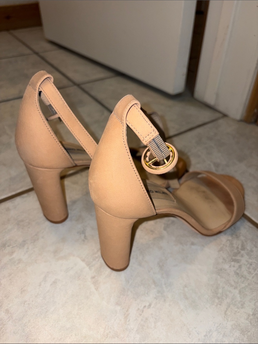 ANTONIO MELANI Blush Nude Open-Toe Ankle Strap Block Heels - Picture 2 of 6